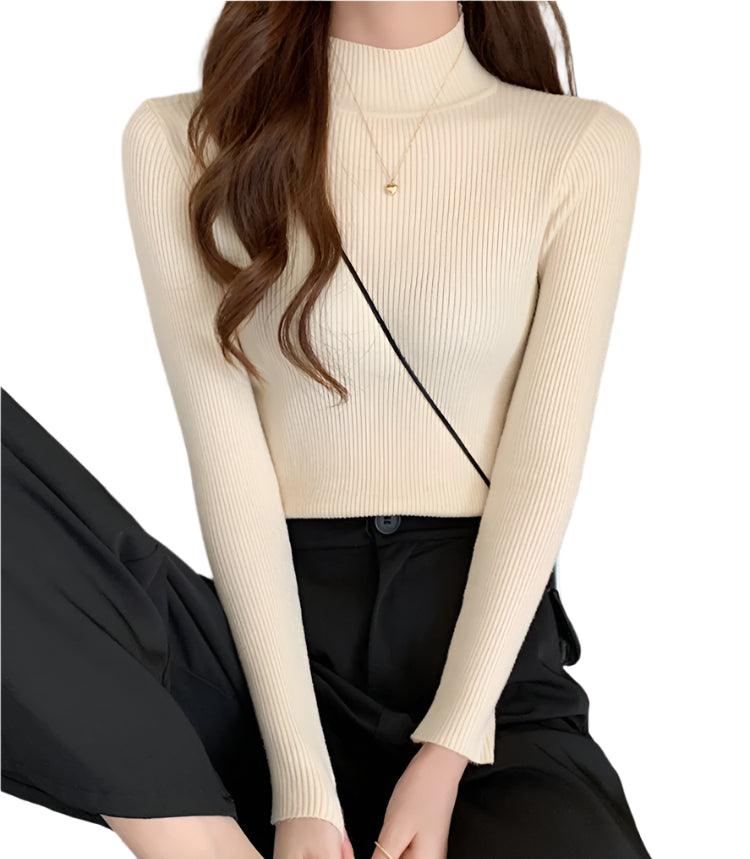 Autumn Winter Mock Neck Women Sweater - Vintage Basic Slim Knitted Casual Pullover - JVMCL