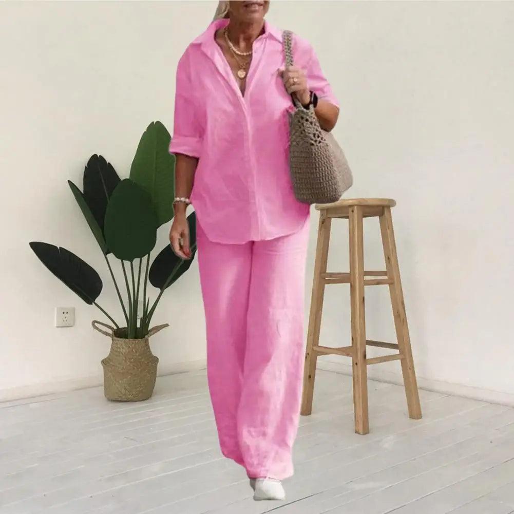 Elegant Long Sleeve Shirt & Wide-Leg Pants Women's Cotton 2-Piece Suit Set - JVMCL