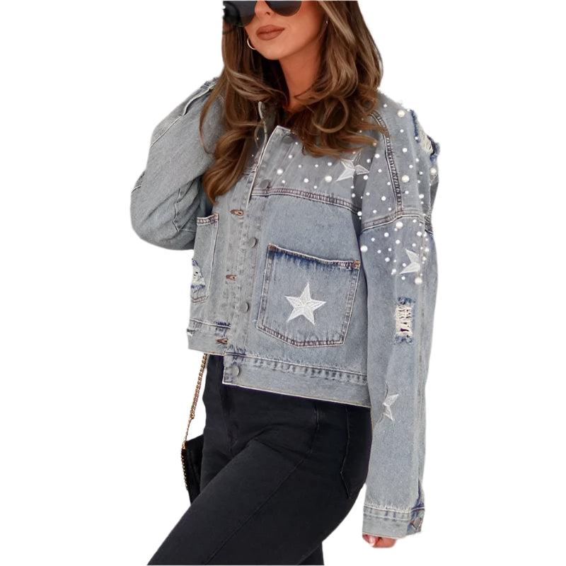 Vintage Casual Women's Bead Button Splicing Denim Jacket with Split Back Hem - JVMCL