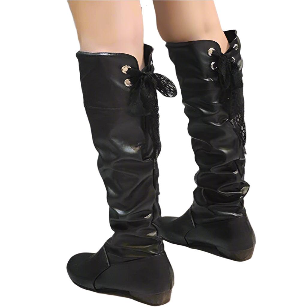 Women's Over-the-Knee Pleated Low Heel PU Casual Leather Boots - JVMCL