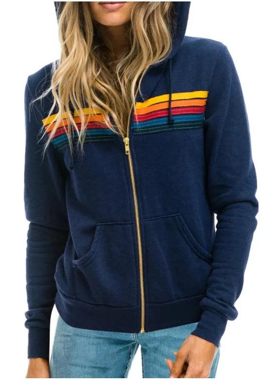 Aviator Nation 5 Stripe Rainbow Hooded Sweatshirt– Slim Fit Fleece Zip-Up Jacket - JVMCL