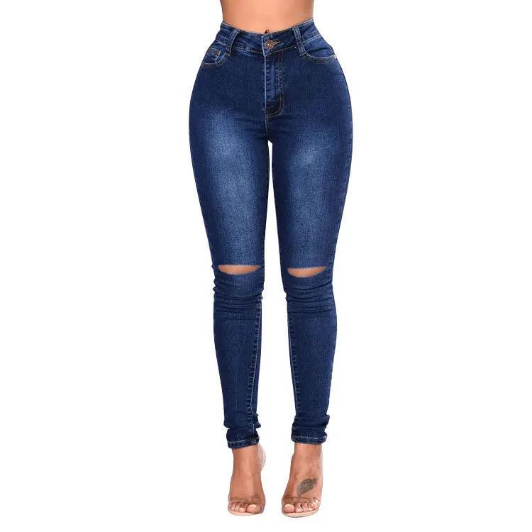 Vintage Women Ripped Fit High Waist Denim Pencil Pants Bootcut Pull-on Jeans - JVMCL