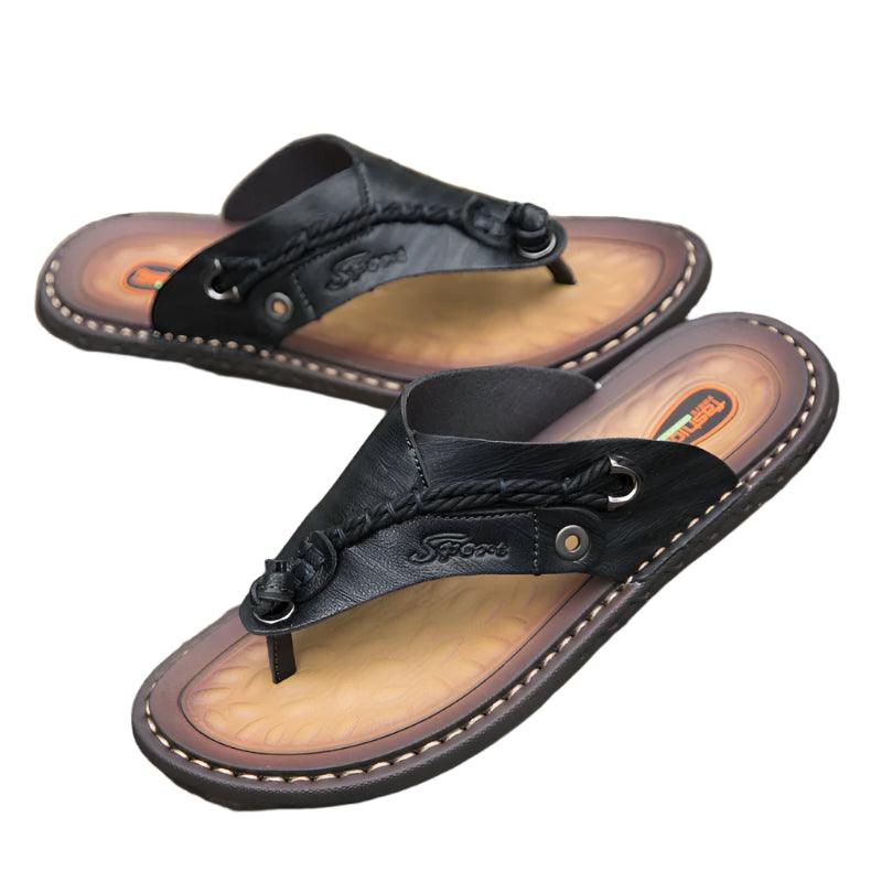 Handmade Leather Slippers Trendy Fashion Men's Flip-flops Outdoor Breathable Comfortable Men and Simple Sandals - JVMCL