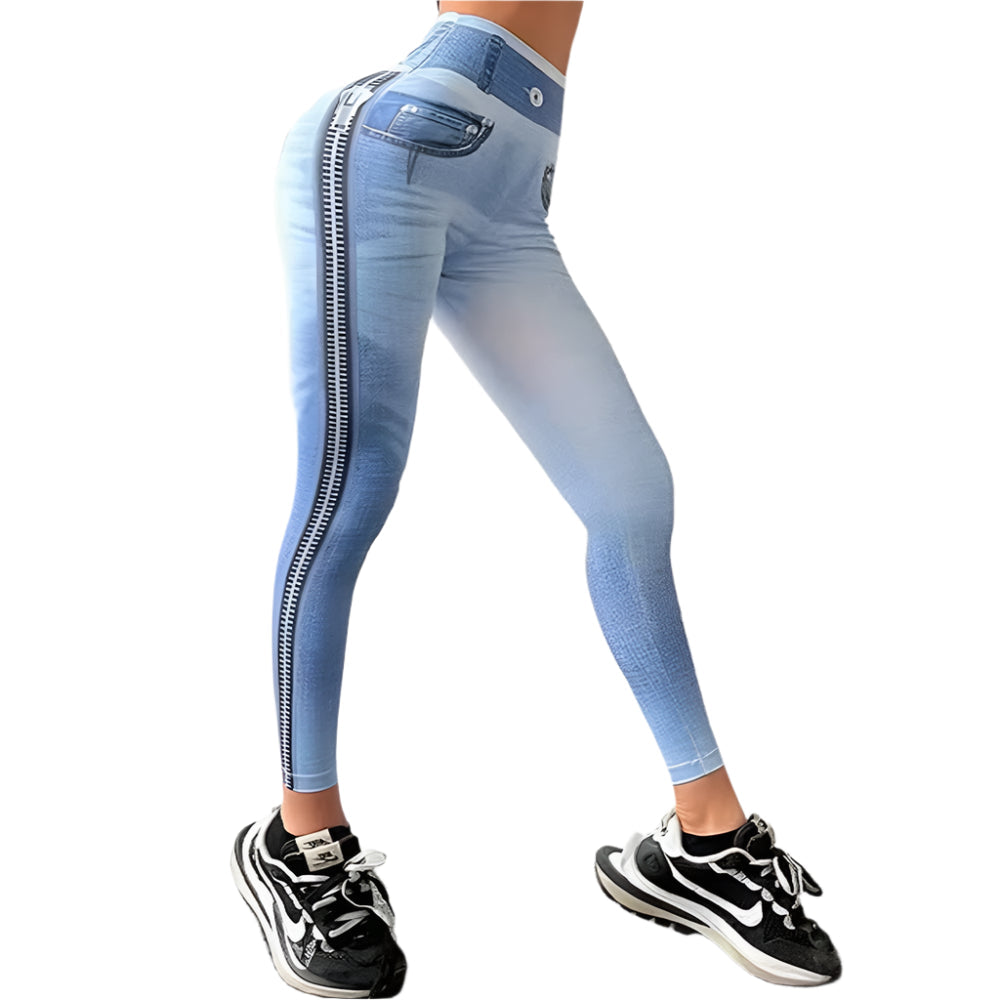 Zipper Denim Print High-Waist Push-Up Leggings – Stylish & Sporty Workout Tights - JVMCL