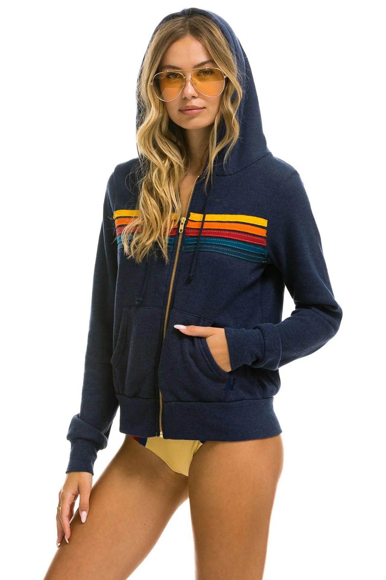 Aviator Nation 5 Stripe Rainbow Hooded Sweatshirt– Slim Fit Fleece Zip-Up Jacket - JVMCL