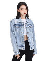 Women's Floral Embroidery Hole Denim Jacket-High Street Slim Fit Short Jean Coat - JVMCL