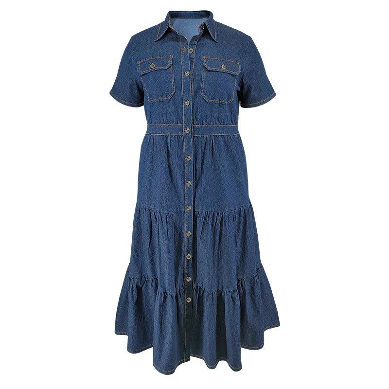 Short Sleeves Turn-Down Neckline Women’s High-Quality Denim Hollow-Out Dress - JVMCL