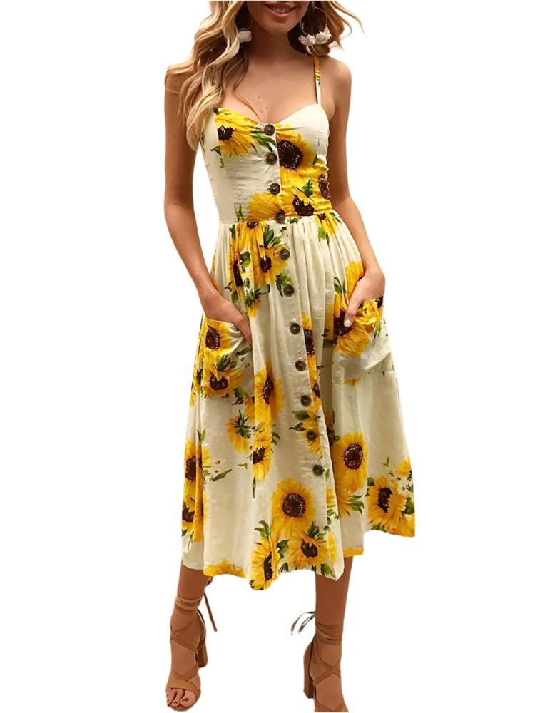 Elegance and Vintage Striped Floral Button-Up Boho Midi Sundress - JVMCL