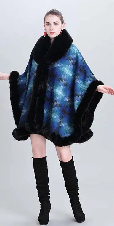 Women's Thicken Lining Woolen Faux Rabbit Fur Cloak Overcoat - Vintage Winter Cape - JVMCL