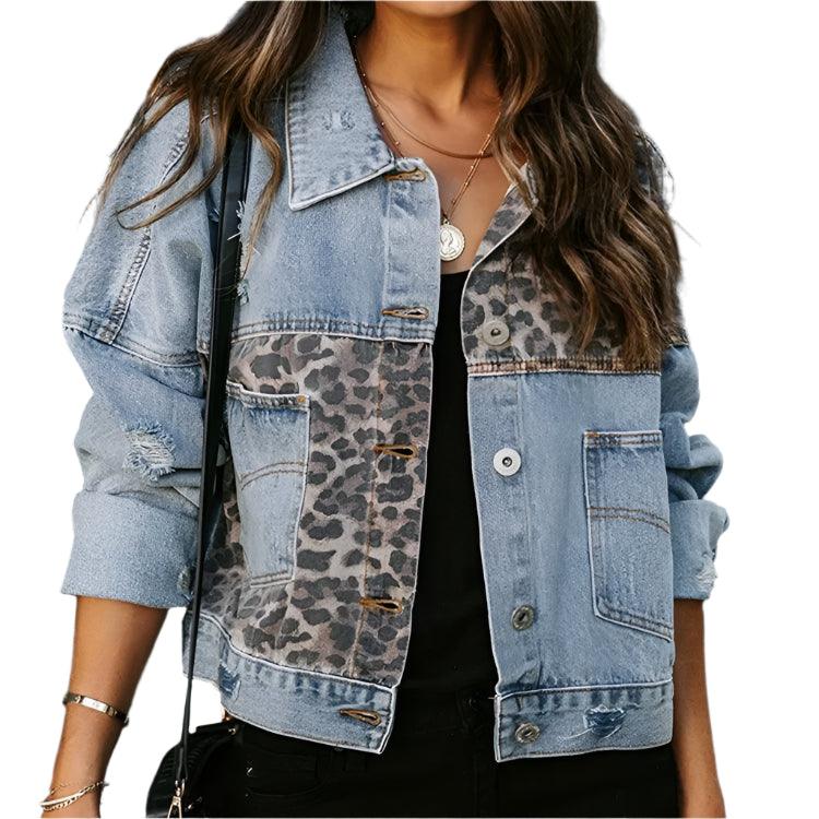 Trendy Patchwork Design Women's Leopard Stitching Comfortable Denim Jacket - JVMCL