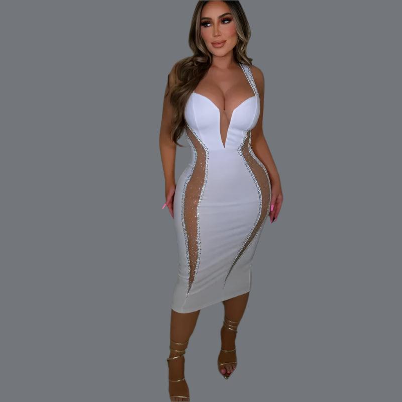 Sexy Spaghetti Strap V-Neck Bandage Bodycon Dress - Elegant Patchwork Midi Dress - JVMCL