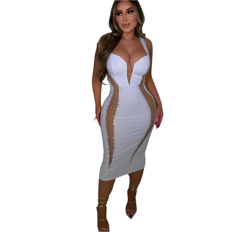 Sexy Spaghetti Strap V-Neck Bandage Bodycon Dress - Elegant Patchwork Midi Dress - JVMCL