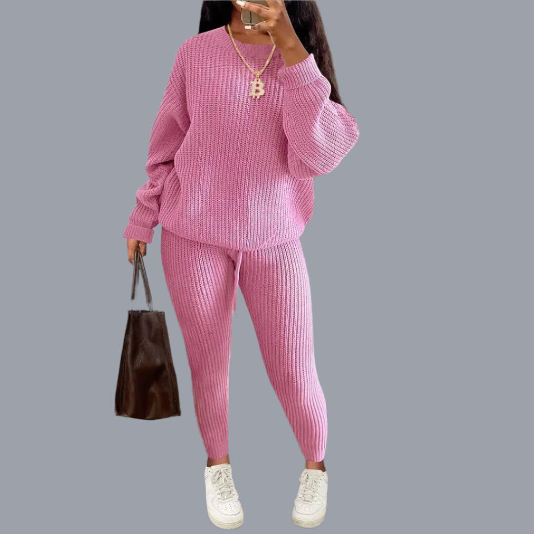 Two-Piece Knitted Autumn Women's Casual Loose Fit Outfit Sweater & Pants Set - JVMCL