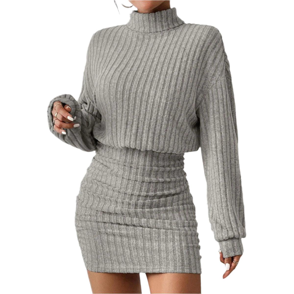 Knitted Pullover Mini Dress – Casual High Neck A-Line Dress with Lantern Sleeves - JVMCL