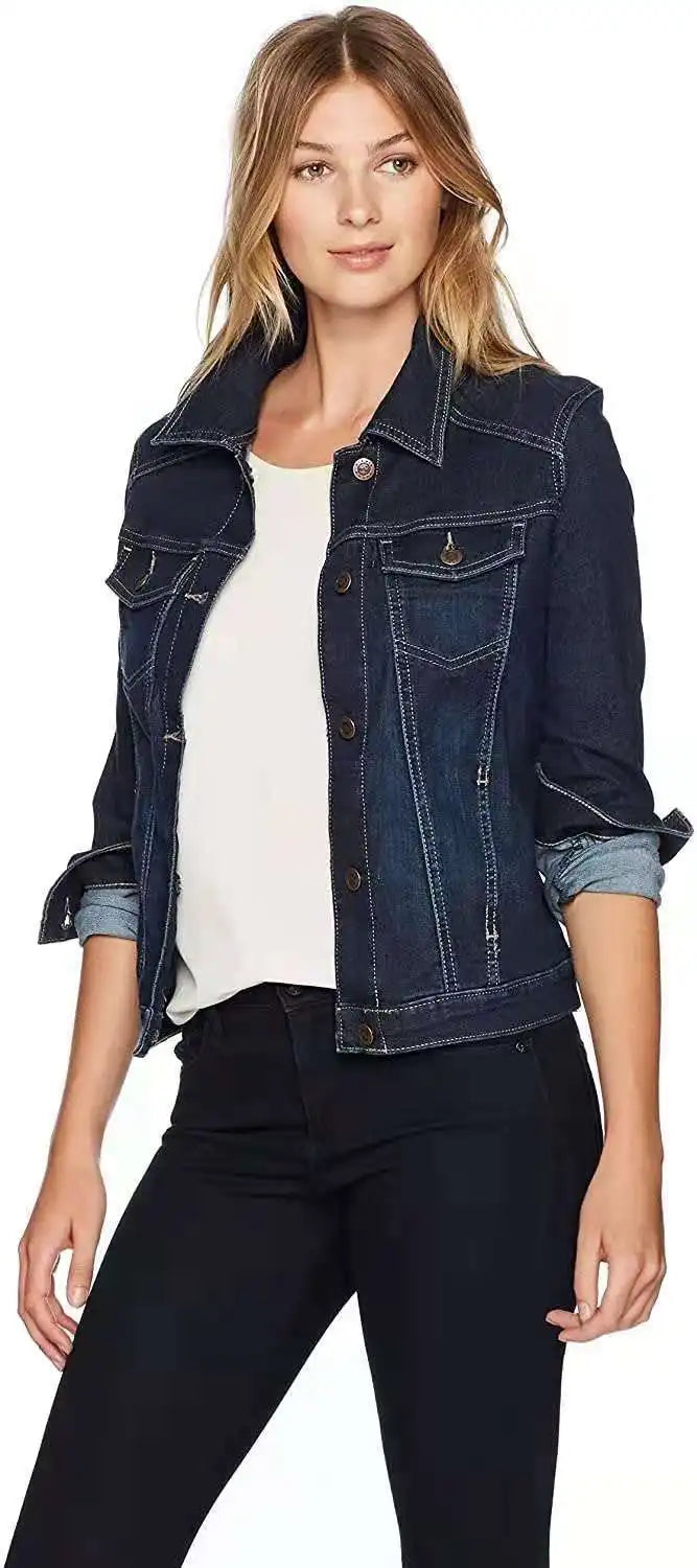 Women’s Slim Fit Denim Coat – Washed Short Jacket with Pockets & Button Closure