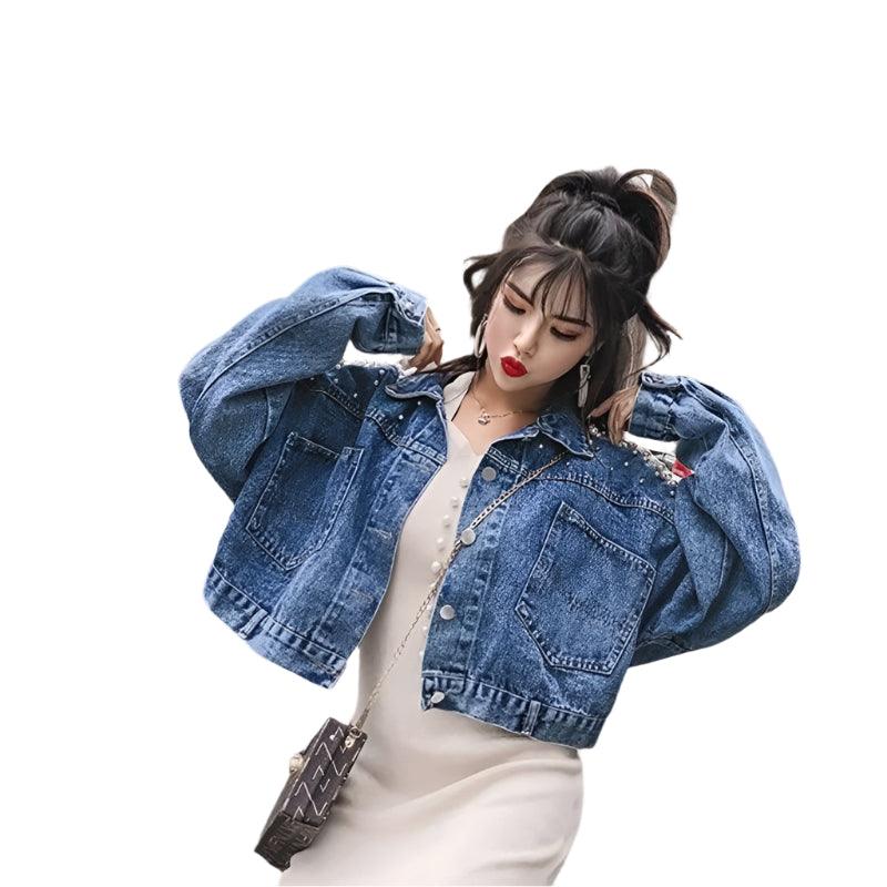 Small Embroidered Short Outerwear Denim with Beads & Pearls Jacket Jean Coat - JVMCL