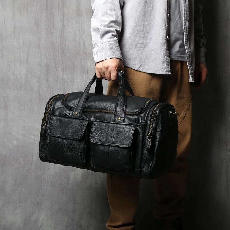 Retro Men's Genuine Leather Travel Duffel Bag – Large Capacity Hand Luggage & Messenger Bag - JVMCL