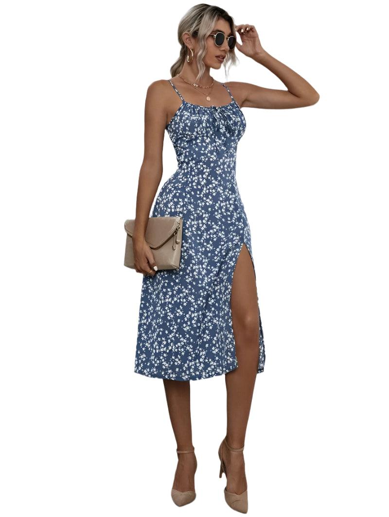 Elegant Floral Print Summer Split Dress - Slim Waist Spaghetti Strap Sheath Dress - JVMCL