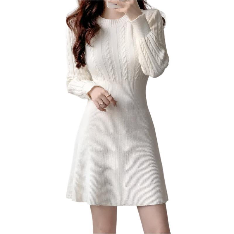 Chic Feminine Korea Winter Spring Women Office Lady O-Neck Knitted Sweater Dress - JVMCL