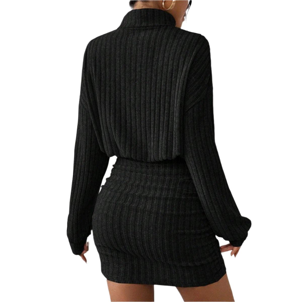 Women's High Neck Slim Knit Sweater Dress – Casual Long Sleeve Solid Mini Dress - JVMCL