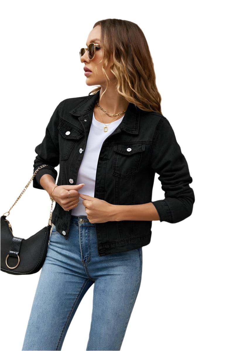 Women's Short Slim Denim Jacket -Casual Fall/Winter Jean Coat with Patch Details - JVMCL