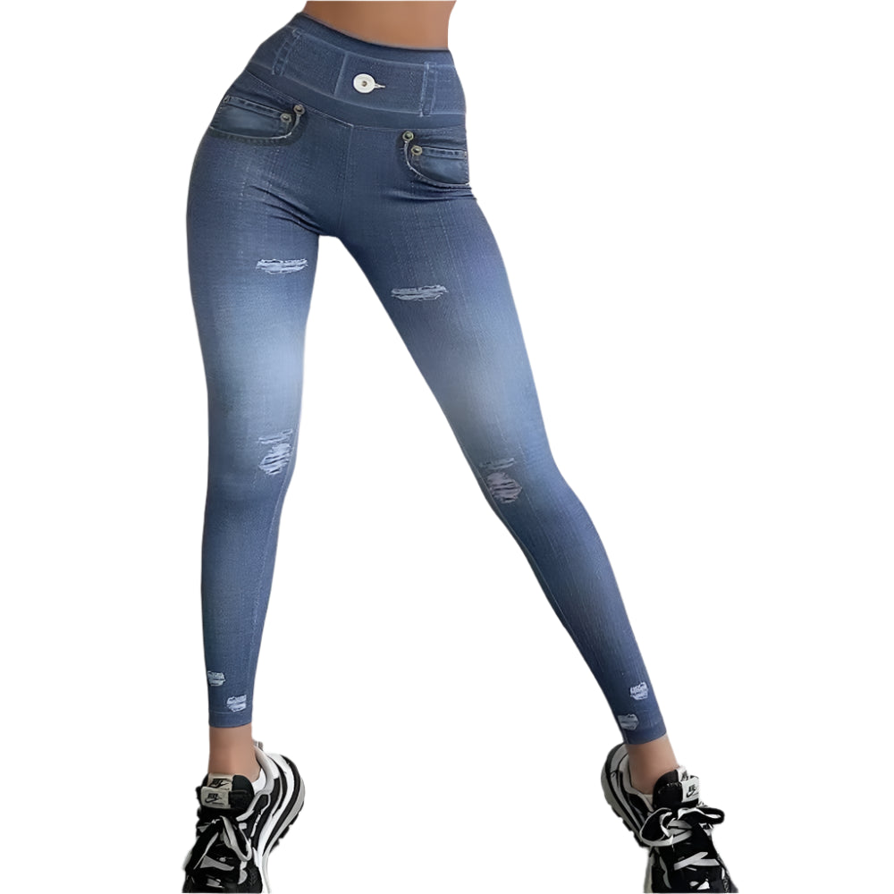 Zipper Denim Print High-Waist Push-Up Leggings – Stylish & Sporty Workout Tights - JVMCL