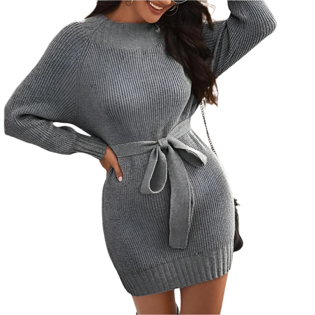 Knitted O-Neck A-line Mini Sweater Dress - Thicken and Sexy for Autumn and Winter - JVMCL