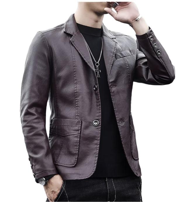 Men's Business Casual Leather Jacket – Slim Fit Suit Collar Coat - JVMCL