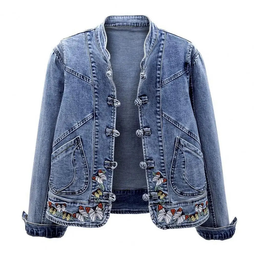 Women’s Retro Denim Jacket with Elegant Chinese Style Embroidery - JVMCL