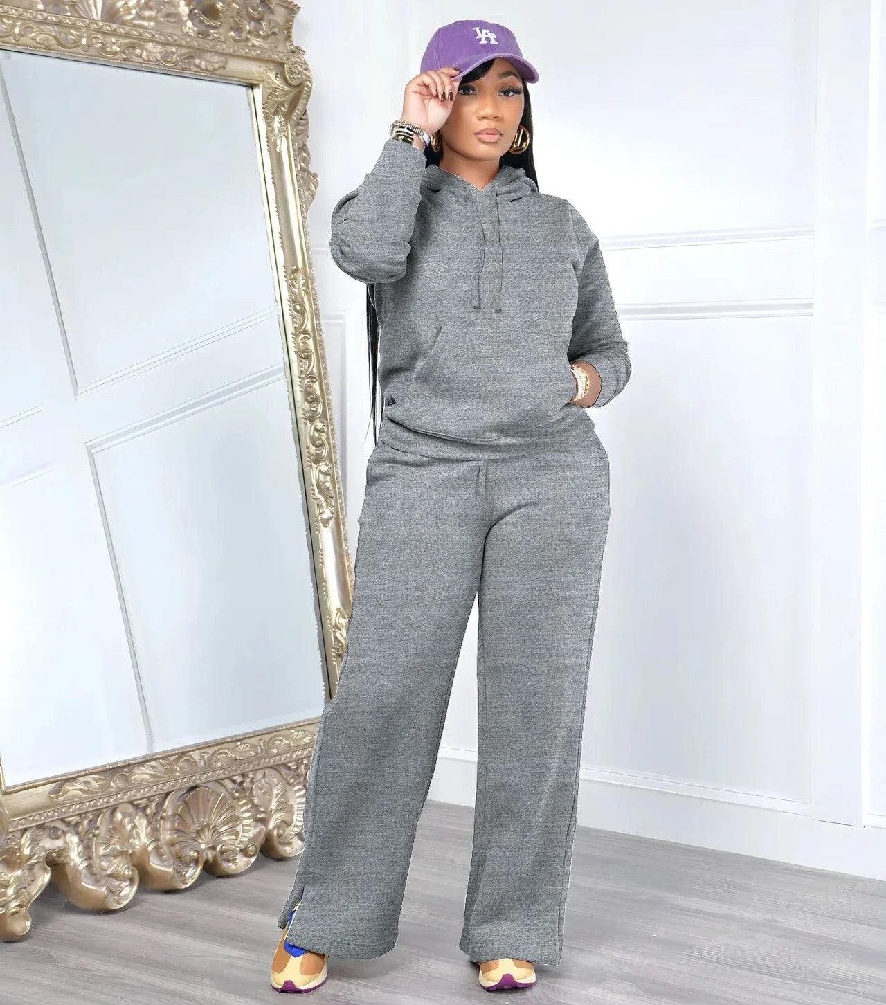 Women’s Hooded Top and Wide-Leg Pants Sport Two-Piece Winter Outfit Tracksuit - JVMCL