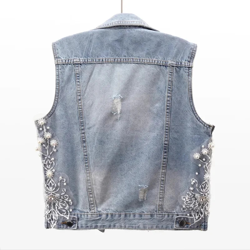 Ripped Pearl Denim Vest –  Casual Streetwear Trendy Sleeveless Waistcoat