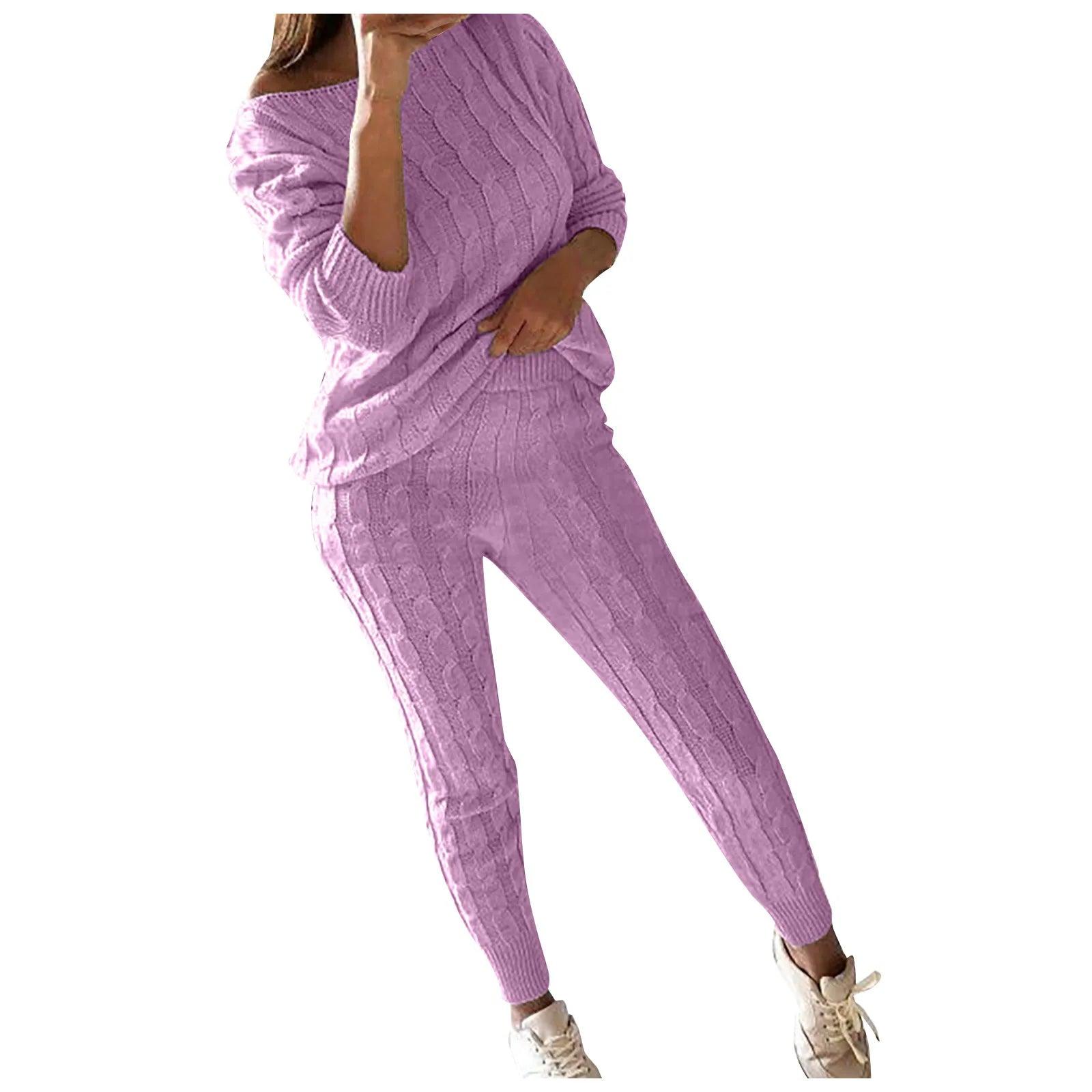 Women's Solid Color Knitted 2-Piece Set - Sweater Top & Pencil Pant - JVMCL