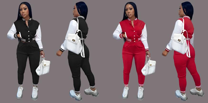 Color-Blocking Women's Two-Piece Baseball Jacket Suit - Casual Splicing Design - JVMCL