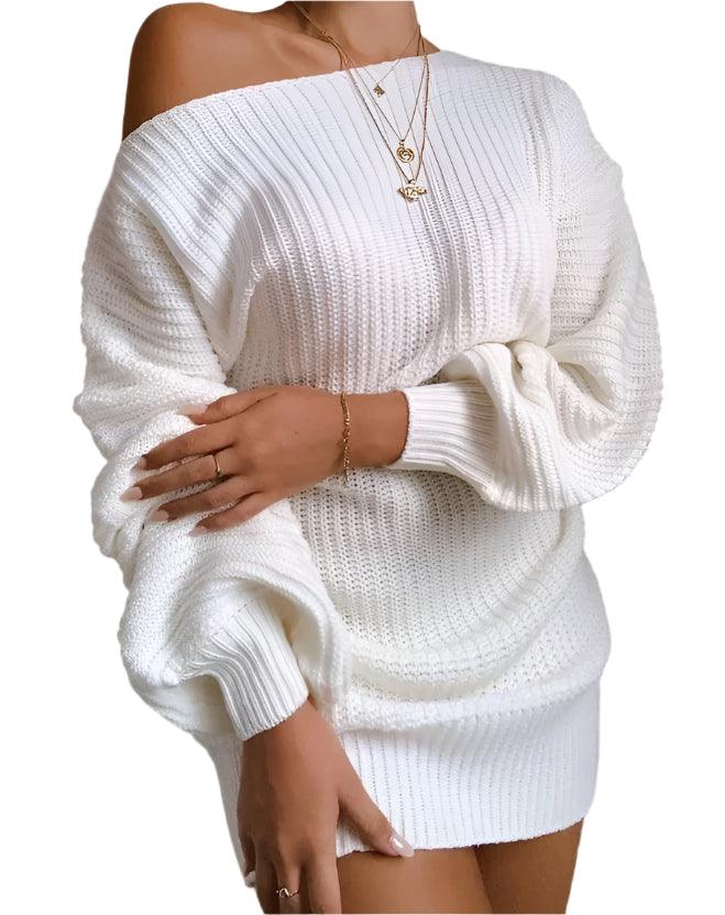 Women's Cold Shoulder Lantern Sleeve Mini Sweater Dress - Spring Fashion - JVMCL