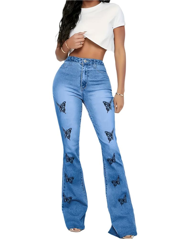 Y2K High-Waist Butterfly Print Flare Jeans – Trendy & Loose-Fit Fall Denim - JVMCL