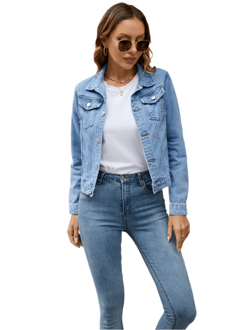 Women's Short Slim Denim Jacket -Casual Fall/Winter Jean Coat with Patch Details - JVMCL