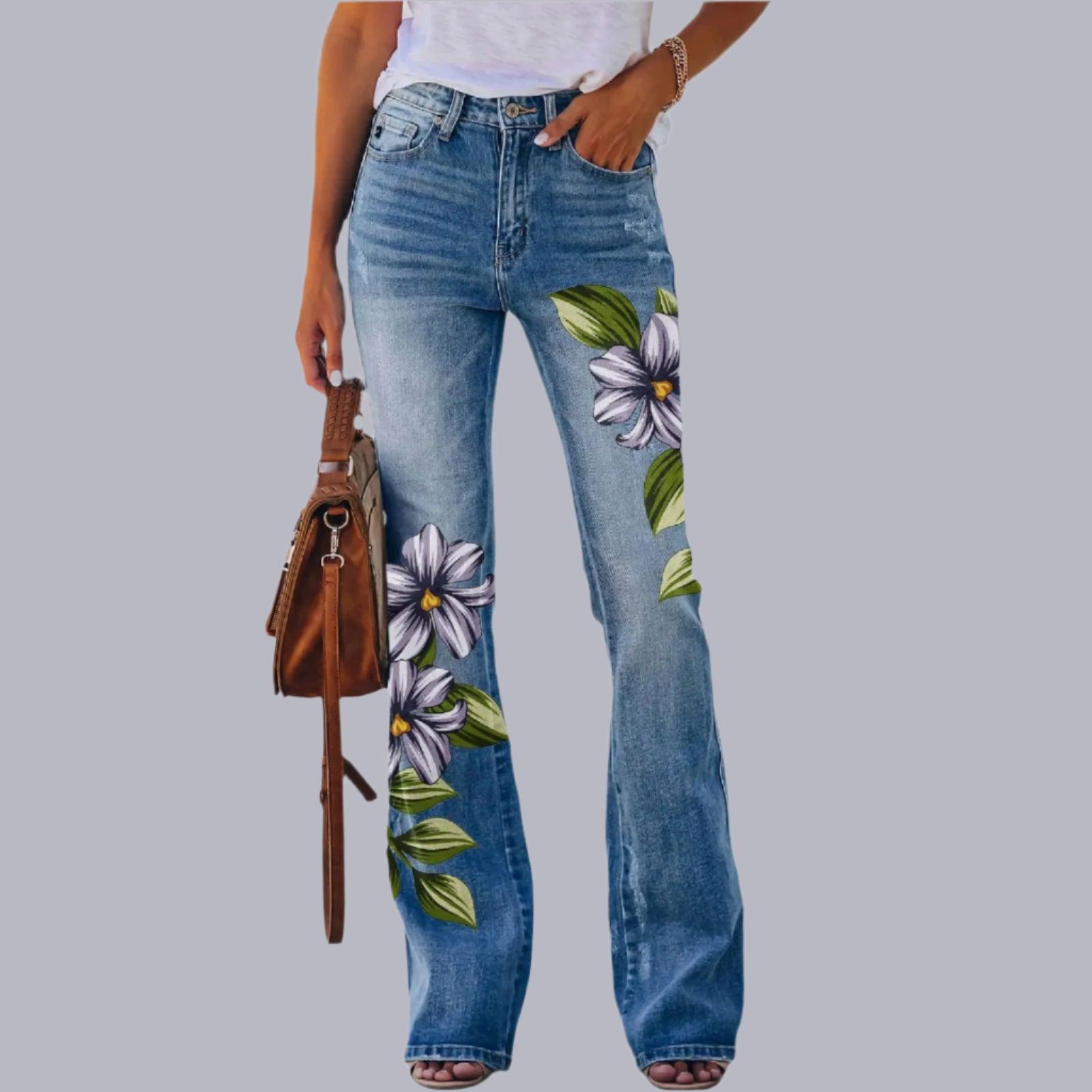 Retro Floral Printed Flared Jeans – Vintage Streetwear Bell Bottom Denim - JVMCL