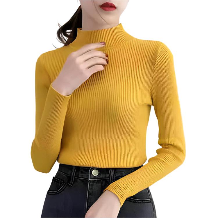 Autumn Winter Mock Neck Women Sweater - Vintage Basic Slim Knitted Casual Pullover - JVMCL