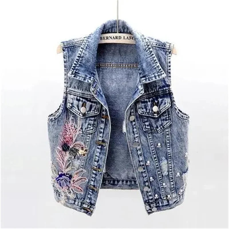 Women’s Ripped Pearl Beaded Denim Vest – Trendy Streetwear for Spring & Summer