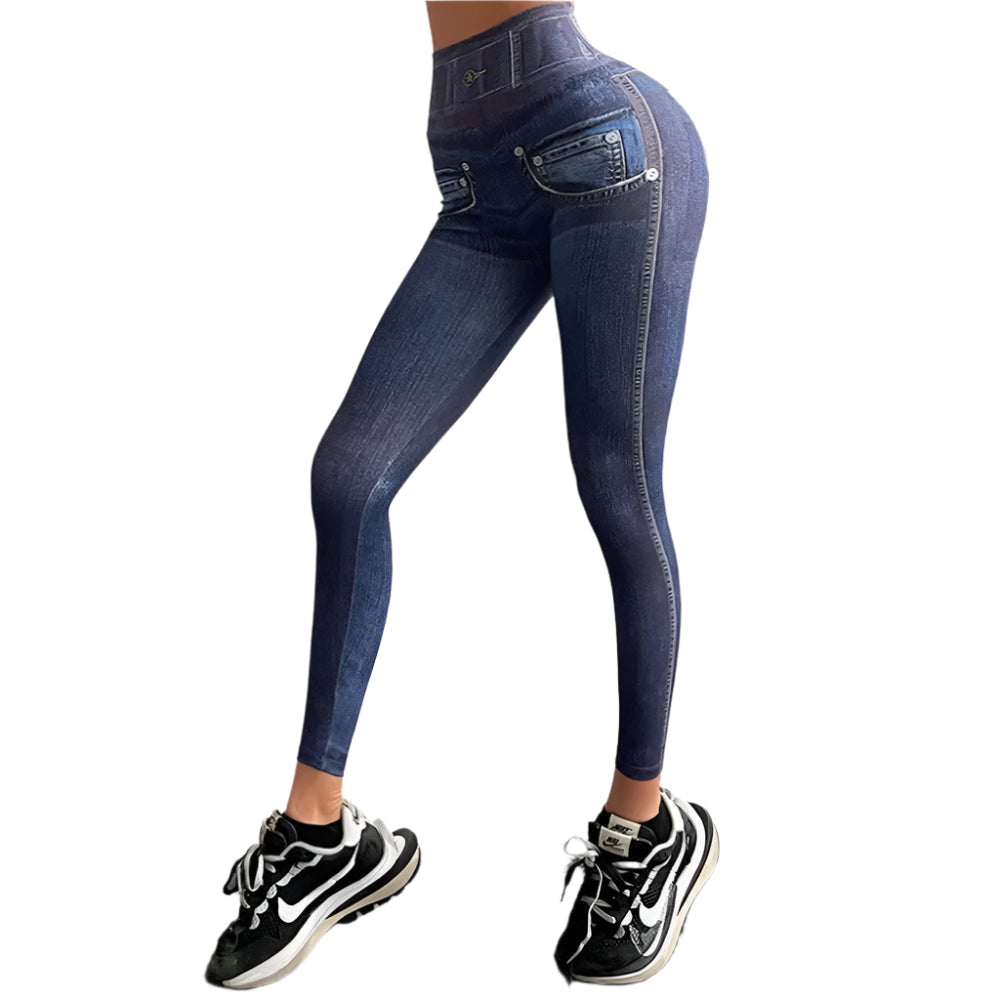 Zipper Denim Print High-Waist Push-Up Leggings – Stylish & Sporty Workout Tights - JVMCL