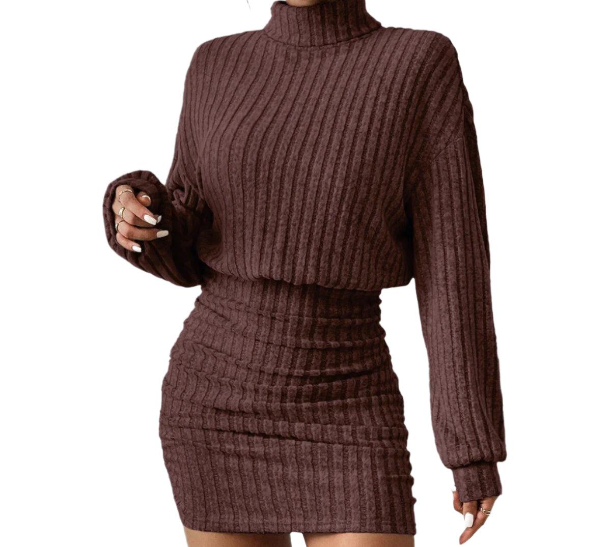 Knitted Pullover Mini Dress – Casual High Neck A-Line Dress with Lantern Sleeves - JVMCL