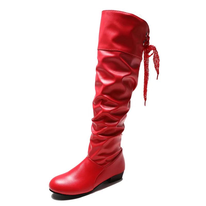 Knee-Length Pleated Low Heel Leather Spring/Winter All-Weather Women's Boots - JVMCL