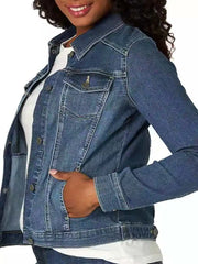 Women’s Slim Fit Denim Coat – Washed Short Jacket with Pockets & Button Closure