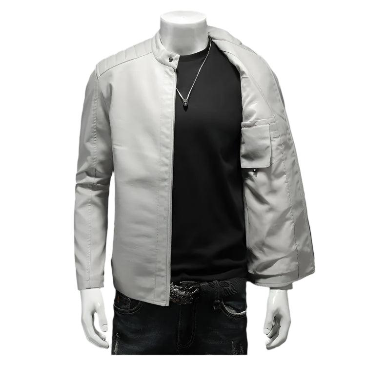 Men Slim Fit Casual Motorcycle White Large Size Stand Faux Leather Jacket Outerwear 5xl - JVMCL