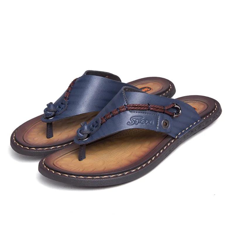 Handmade Leather Slippers Trendy Fashion Men's Flip-flops Outdoor Breathable Comfortable Men and Simple Sandals - JVMCL