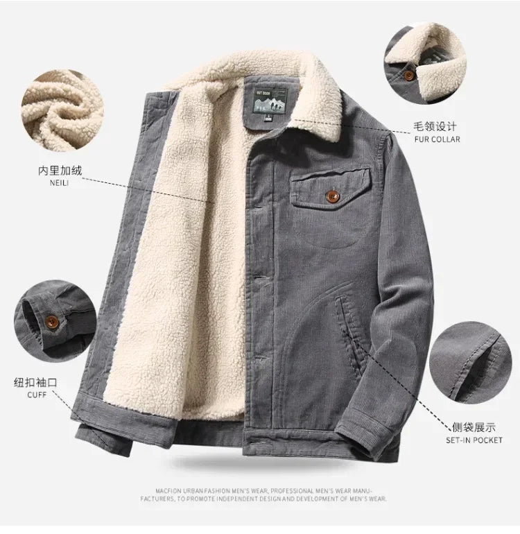 Men’s Corduroy Fur Collar Warm & Stylish Cotton-Padded Windbreaker Jacket 