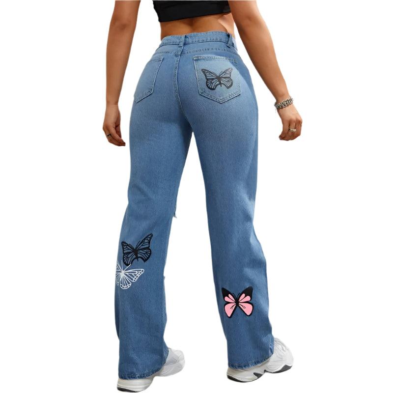 Women’s High-Waist Appliqué Straight-Leg Jeans – Trendy Streetwear Denim - JVMCL