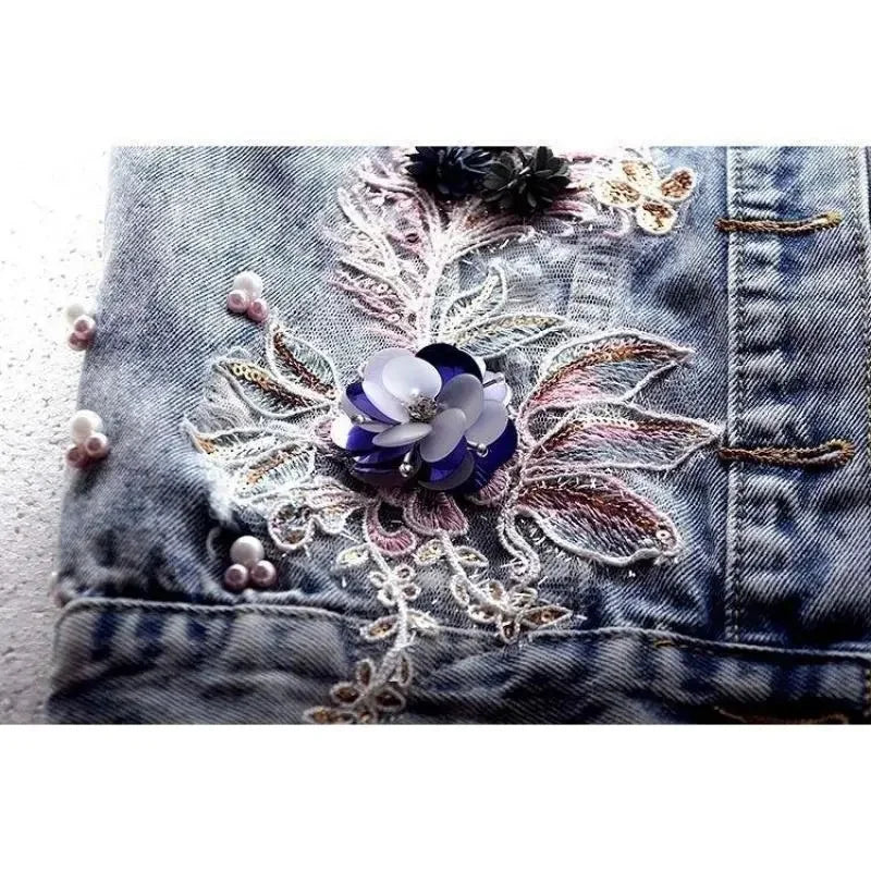 Women’s Ripped Pearl Beaded Denim Vest – Trendy Streetwear for Spring & Summer