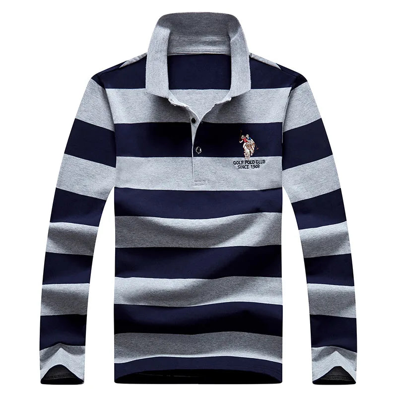 Men’s Cotton Long-Sleeve Striped Polo Shirt – Casual Business Fashion Sweater