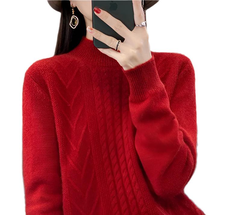 Long-Sleeved -High-Necked Twisted Knit Wool Pullover Sweater for Autumn/Winter - JVMCL